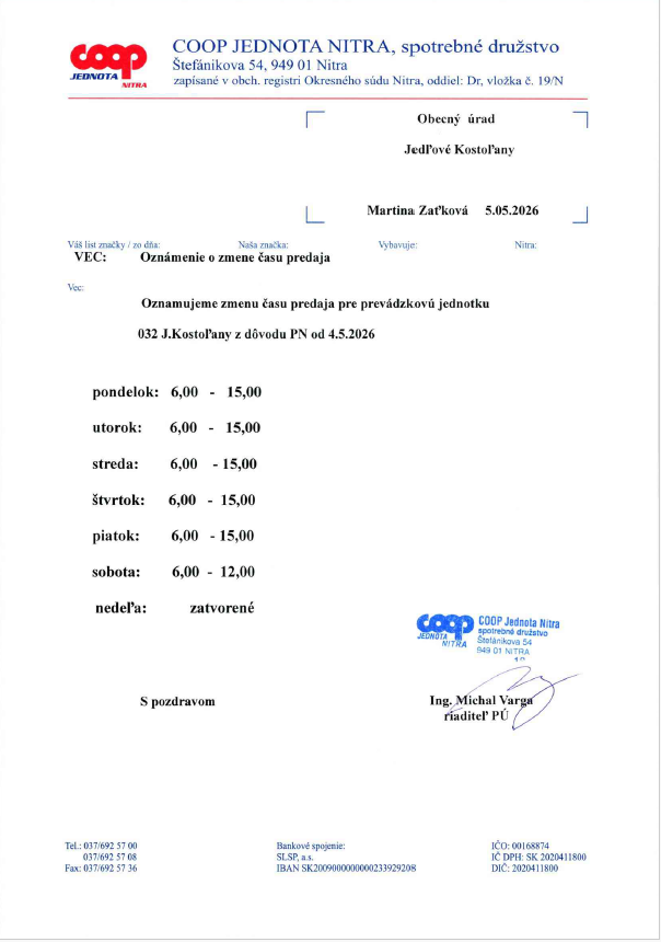 Oznámenie o&nbsp;zmene času predaja